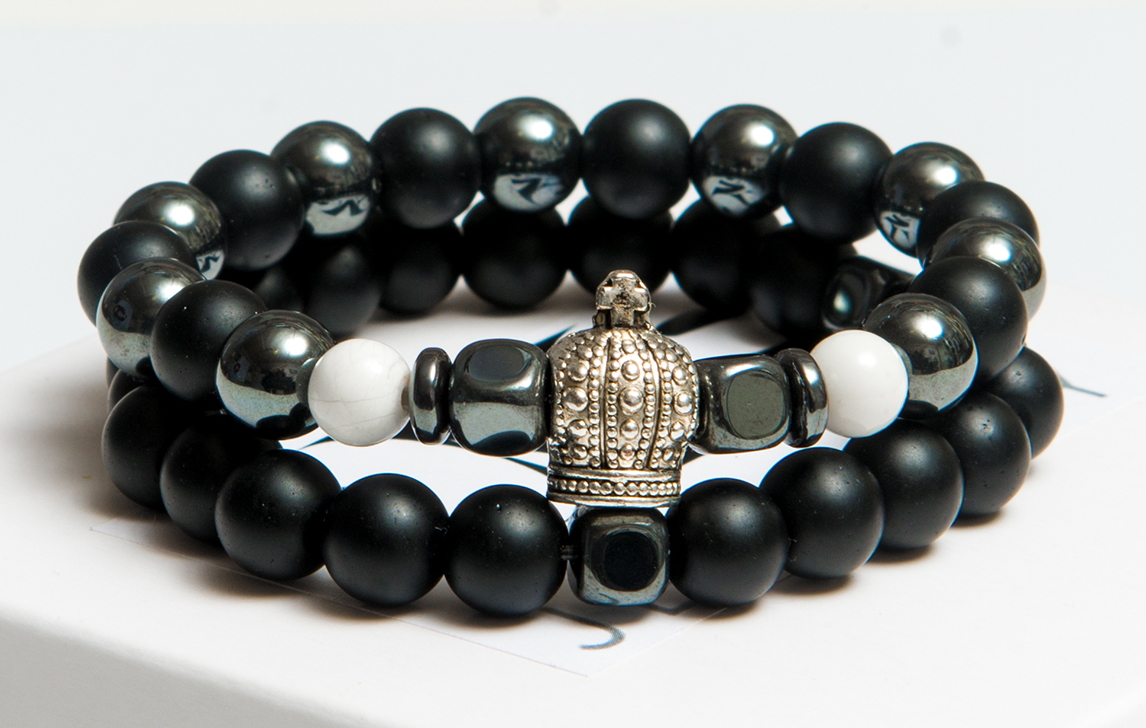 

Парные браслеты мужские DMS Jewelry из натуральных камней шунгита и гематита DOUBLE CROWN