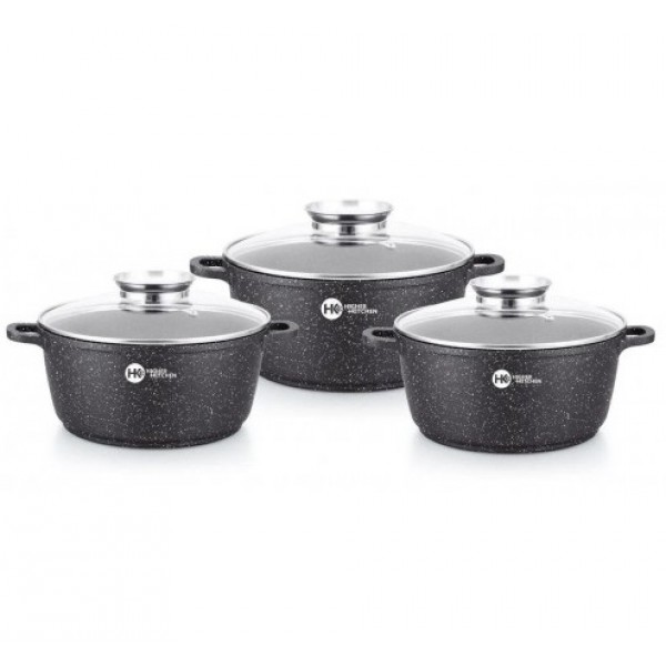 

Набор посуды кастрюль из 6 предметов с мраморным покрытием HIGHER KITCHEN HK-301 Black