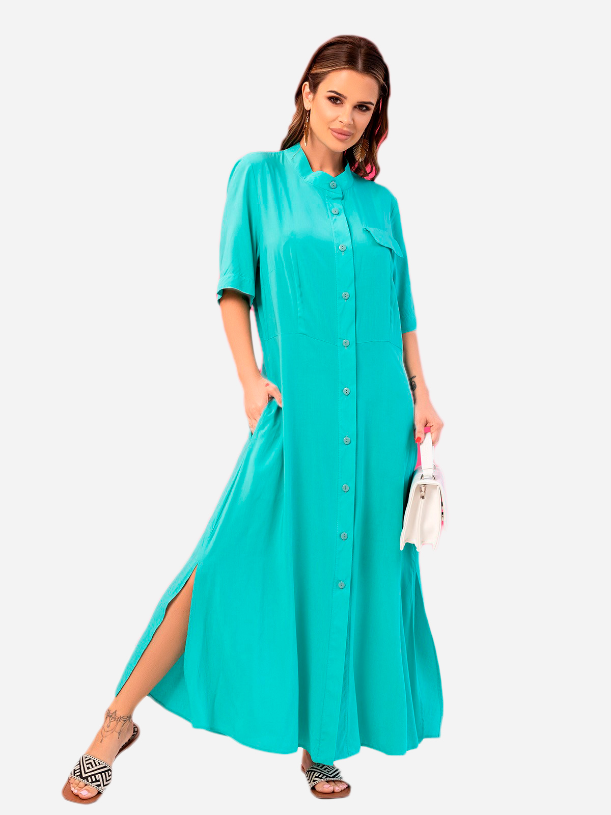 Акція на Плаття-сорочка довге літне жіноче ISSA PLUS 14072 XL Бірюзове від Rozetka