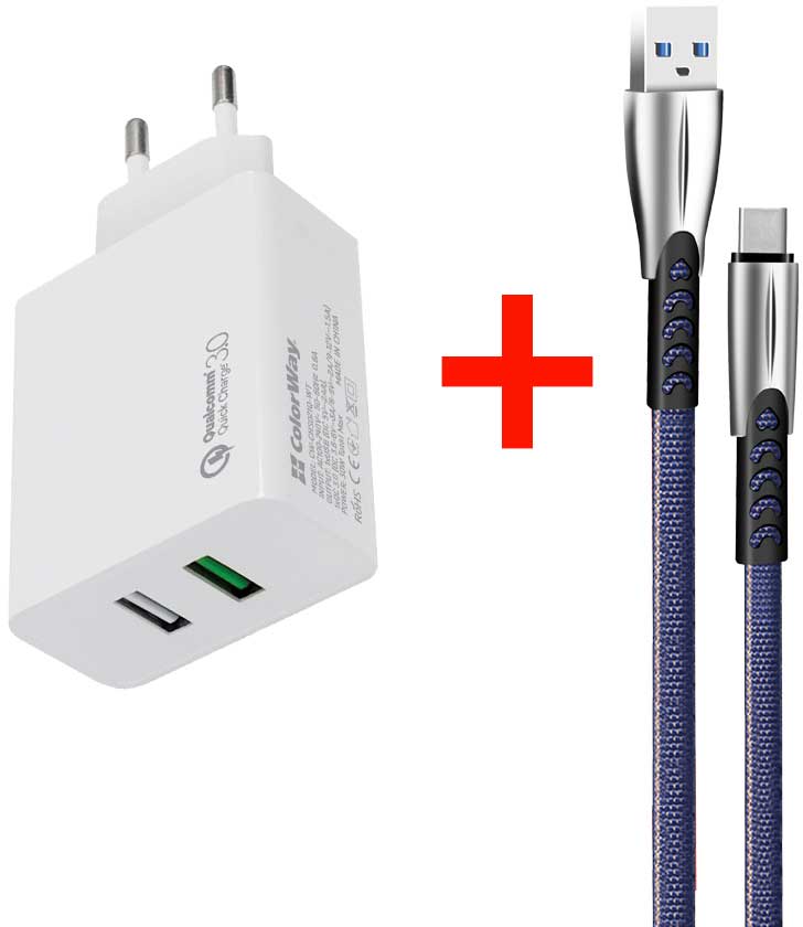 

Сетевое зарядное устройство ColorWay 2USB (QC3.0 + 2.4A AUTO ID) (30W) White + Кабель ColorWay USB Type-C 2.4А (zinc alloy) 1 м Blue (CW-CHS021Q-WT-CBU)
