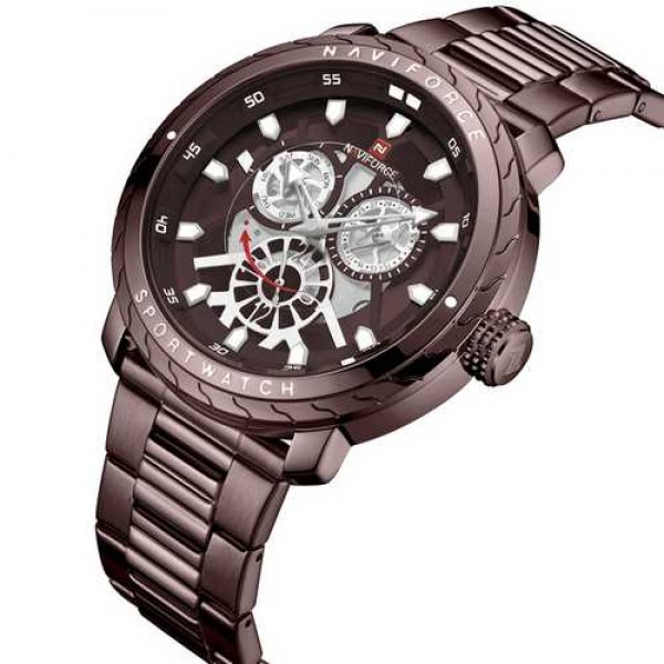 

Мужские кварцевые часы Naviforce Brown наручные классические на стальном браслете + коробка (1096-0030)