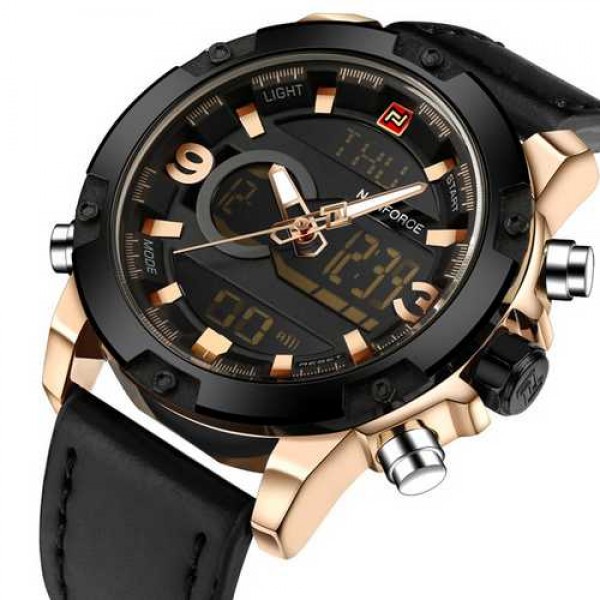 

Мужские кварцевые часы Naviforce Black наручные спортивные на кожаном ремешке + коробка (1096-0086)