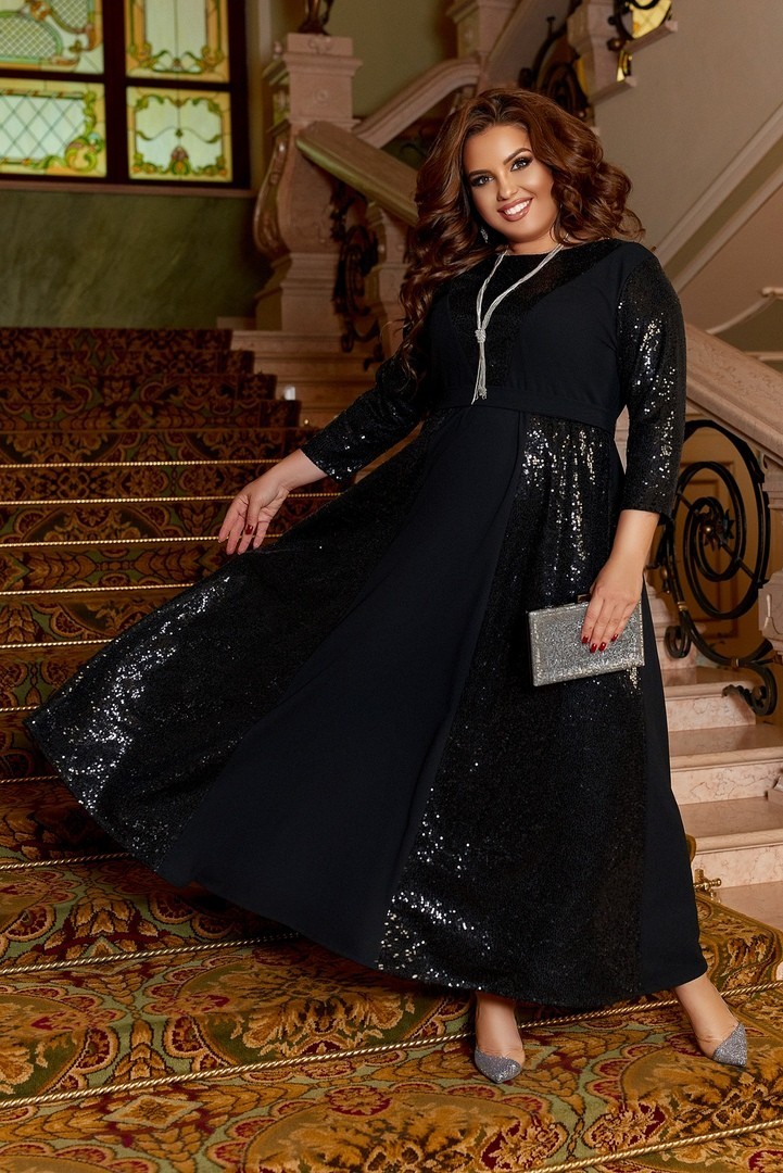 

Платье вечернее длинное рукав три четверти вставки пайетка Miss Podium Черный 54
