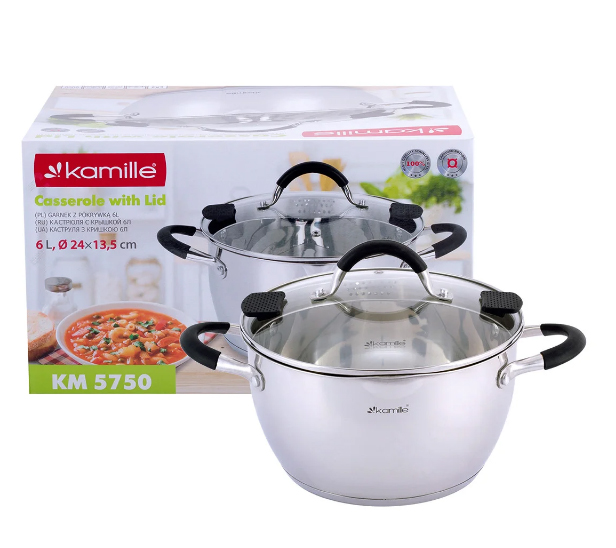 

Кастрюля 6 л из нержавеющей стали с крышкой и силиконовыми вставками Kamille KM-5750