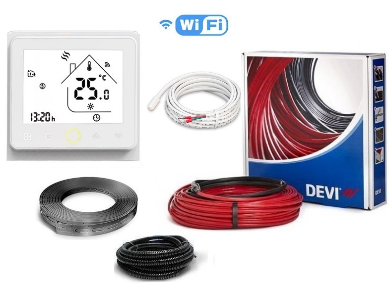 

Теплый пол DEVIflexTM 18T двухжильный нагревательный кабель в стяжку 90 м, 1625 Вт c программируемым сенсорным WiFi терморегулятором в комплекте