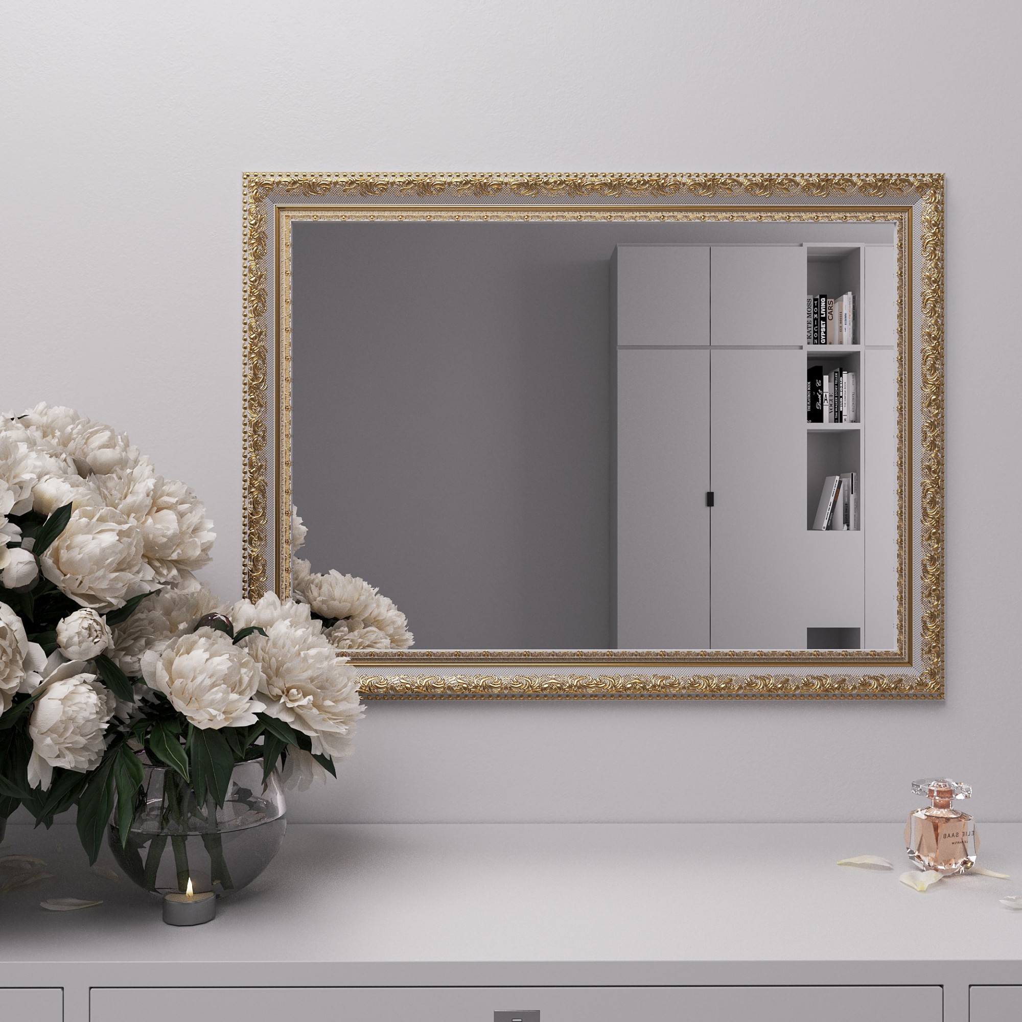 Зеркало на стену 80х60 Белое с патиной золота Black Mirror 5826A-64G в ...