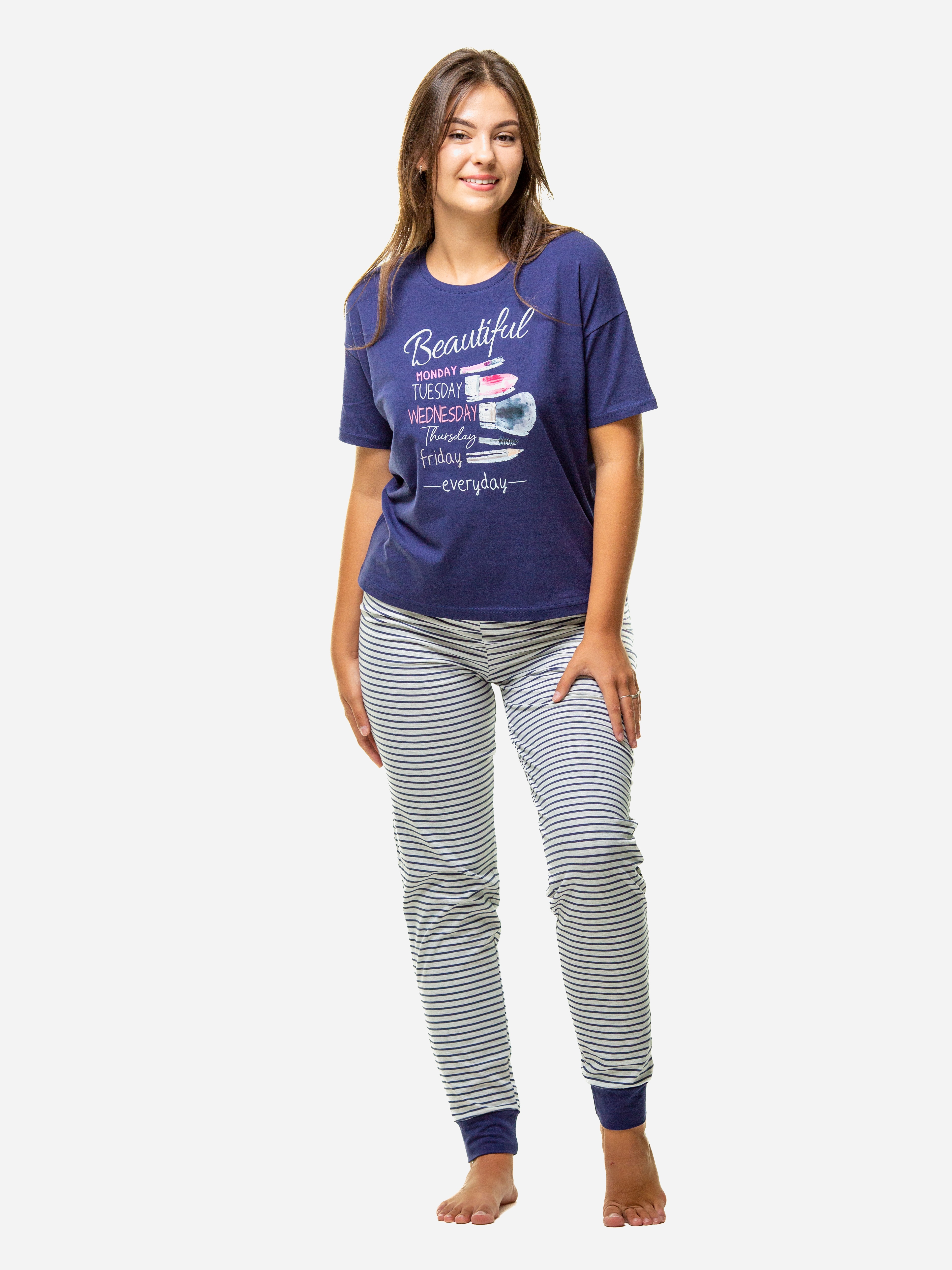 Акція на Піжама (футболка + штани) жіноча НатаЛюкс 41263393830 48 Темно-синя від Rozetka