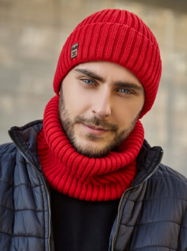 

Шапка вязаная мужская и снуд на флисе Набор Braxton Красный (172W)