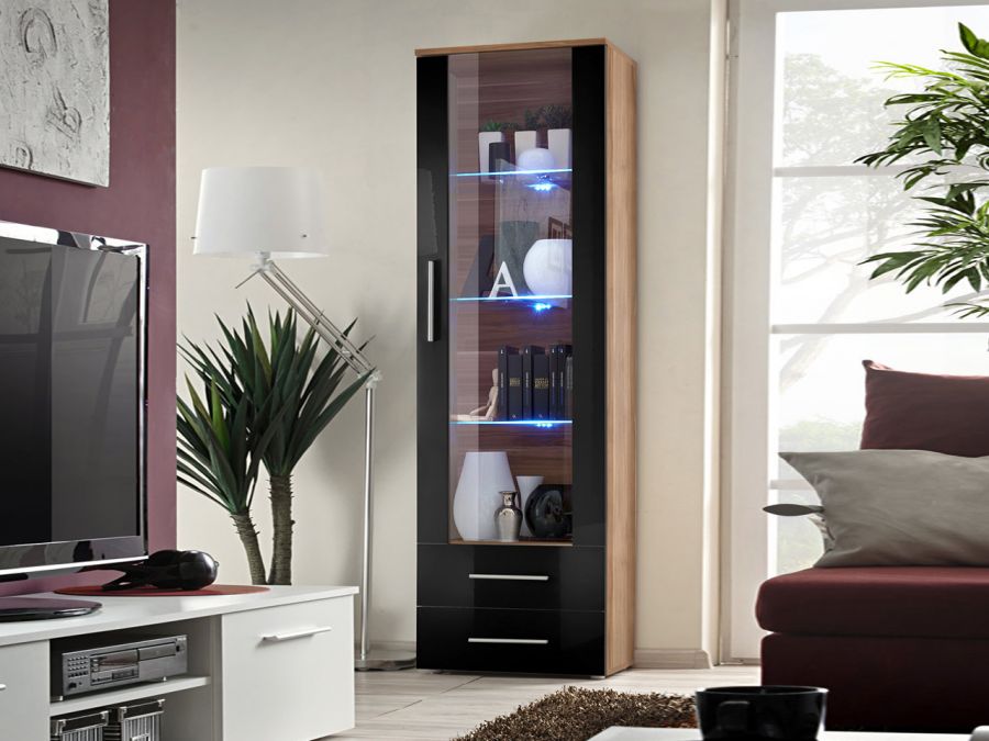 

Витрина однодверная в гостиную из ДСП и МДФ Neo I ASM Meble Слива/Черный