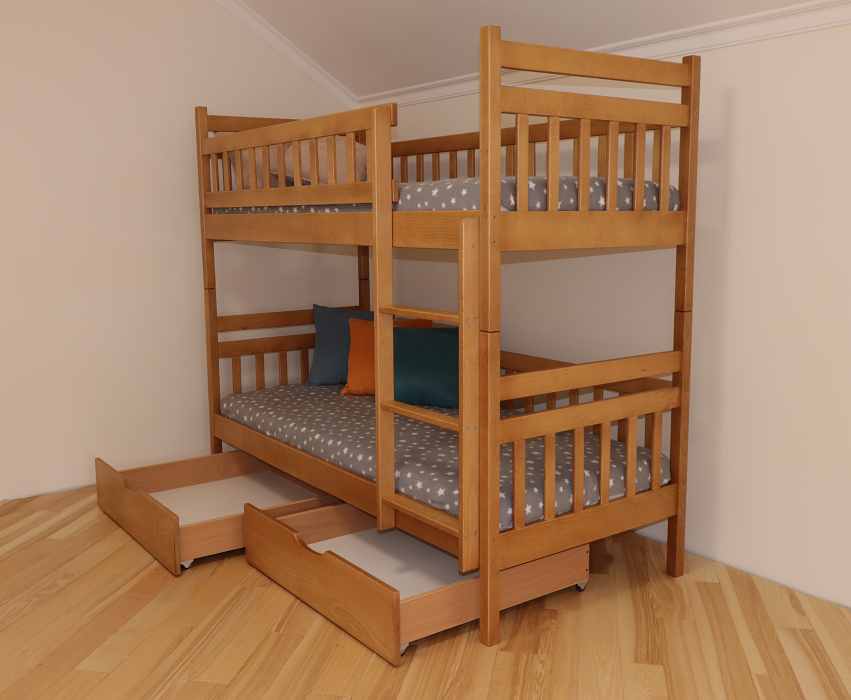 

Кровать двухъярусная деревянная с выдвижными ящиками покрытие лак 90х190 Том и Джери Дримка