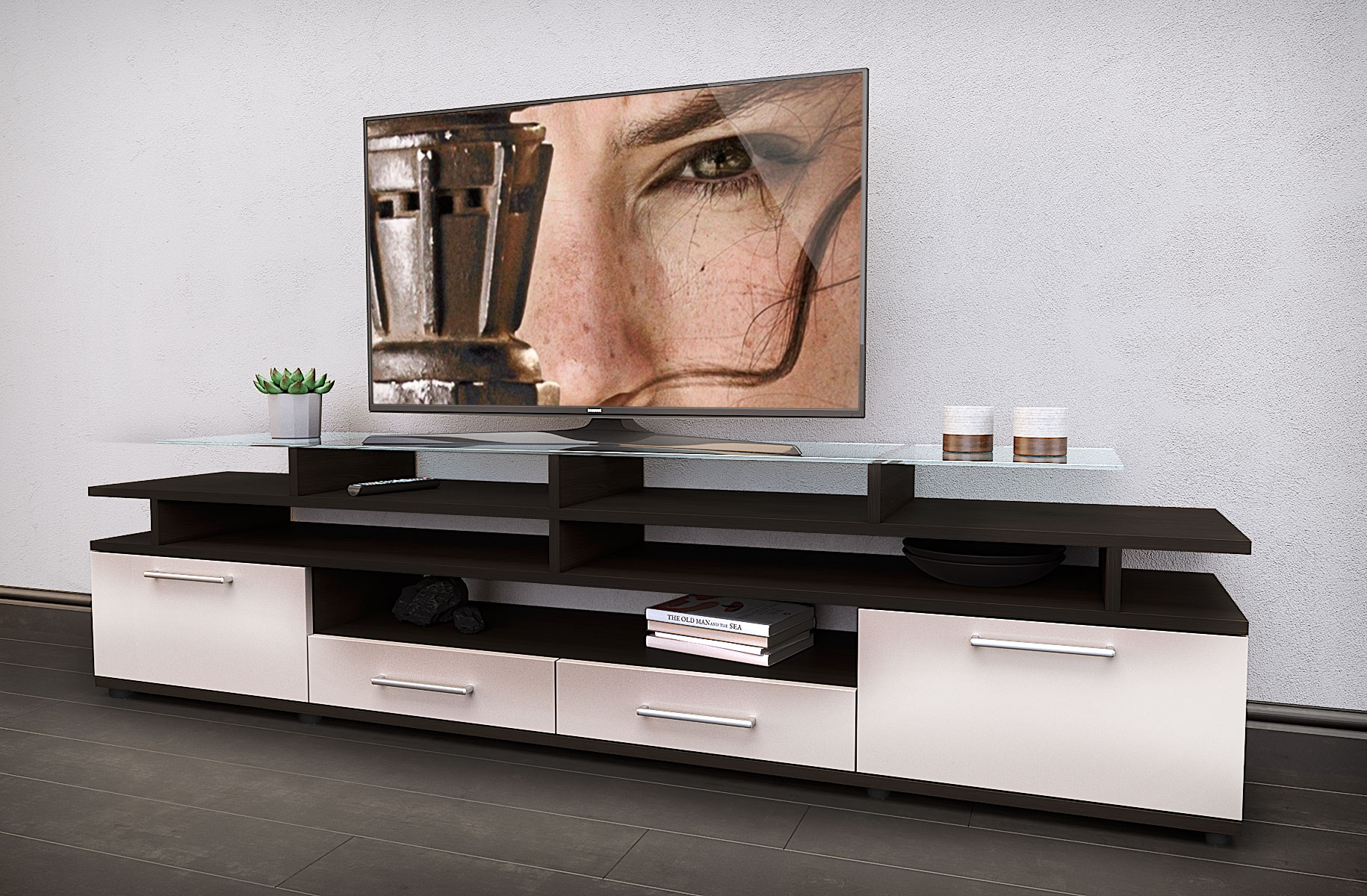 

Тумба под телевизор в гостиную из ламинированной ДСП Comfy Home Cinema венге/белый Zeus
