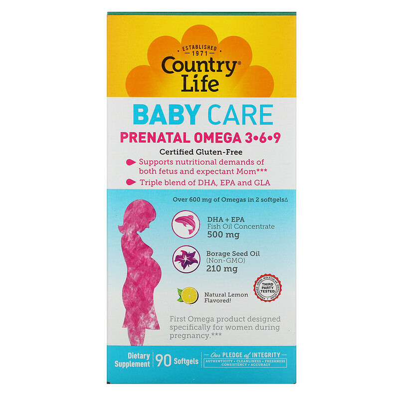 

Омега 3-6-9 для беременных и кормящих Country Life, Baby Care "Prenatal Omega 3-6-9" вкус лимона, 600 мг (90 гелевых капсул)