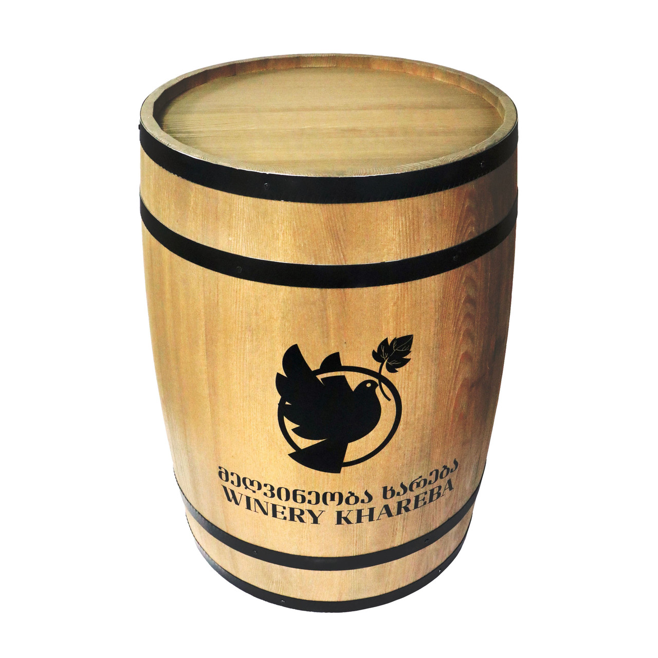 

Стол Domza из декоративной бочки на 200 литров с логотипом светлое дерево и черные обручи