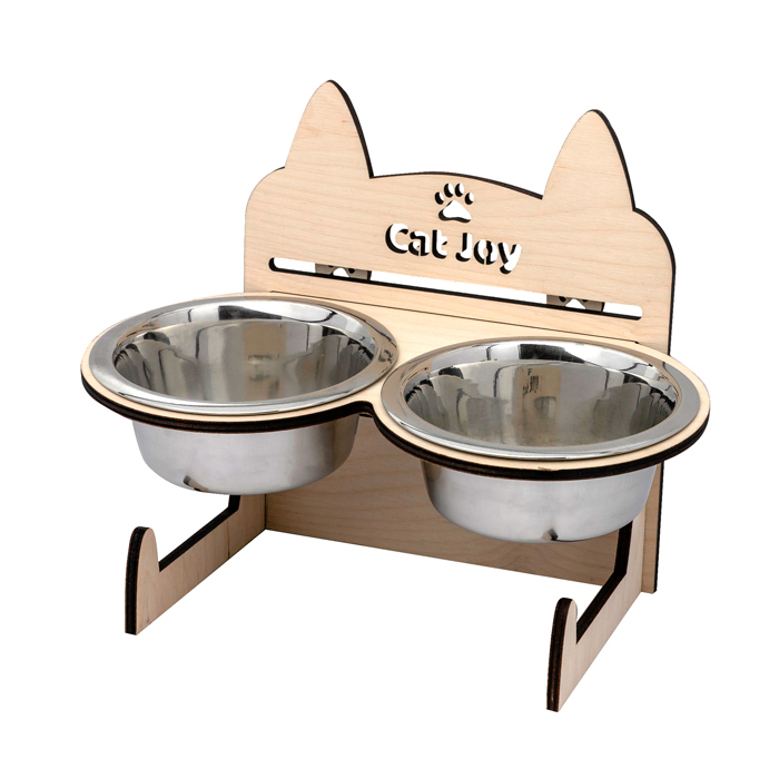 

Миски для кошек и котов на подставке (кормушка) из нержавеющей стали CatJoy c регулировкой высоты Белое дерево