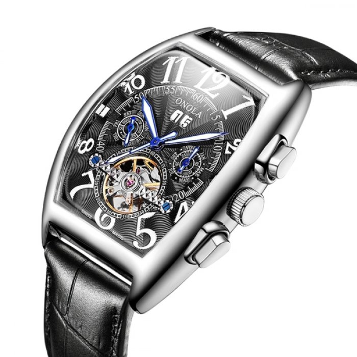 

Часы мужские Onola Muller с кожаным ремешком + отображают дату, месяц и день недели Черный/Серебристый