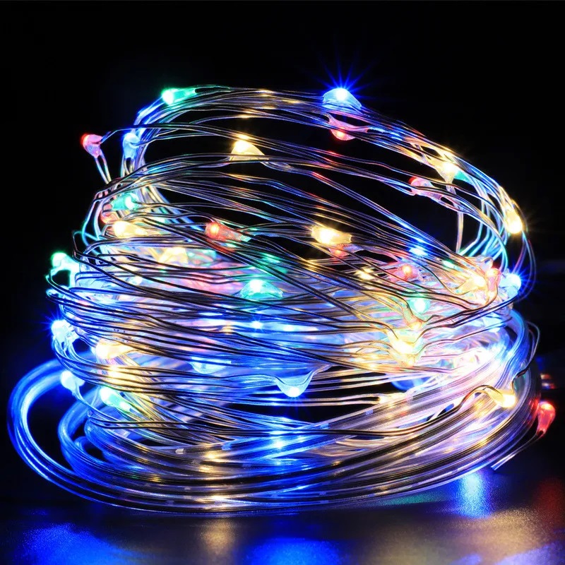 Гірлянда нитка Роса 100 LED 10м на батарейках + USB Різнокольорова ...