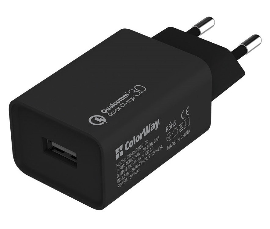 Сетевое зарядное устройство ColorWay, Black, 1xUSB, QC3.0, 3A, 18W (CW ...