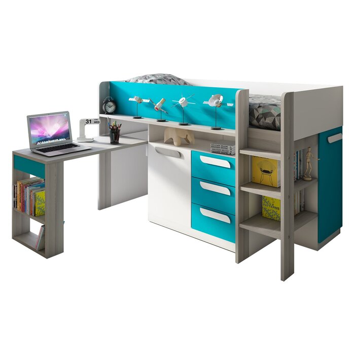 

Двухъярусная кровать-чердак Glane с полками, комодом и столом Little Room Baby House бирюзовый/скандинавское дерево серое (K-00027)