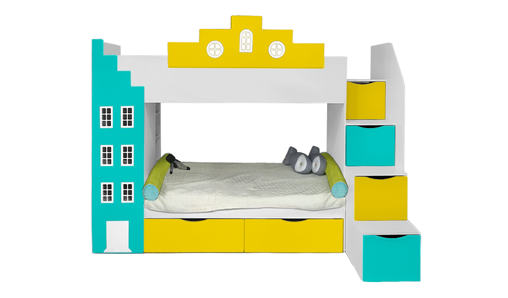 

Двухъярусная детская кровать Амстердам со встроенным шкафом ящиками и полками вход справа Little Room Little Room Baby House (DKA-02-126)