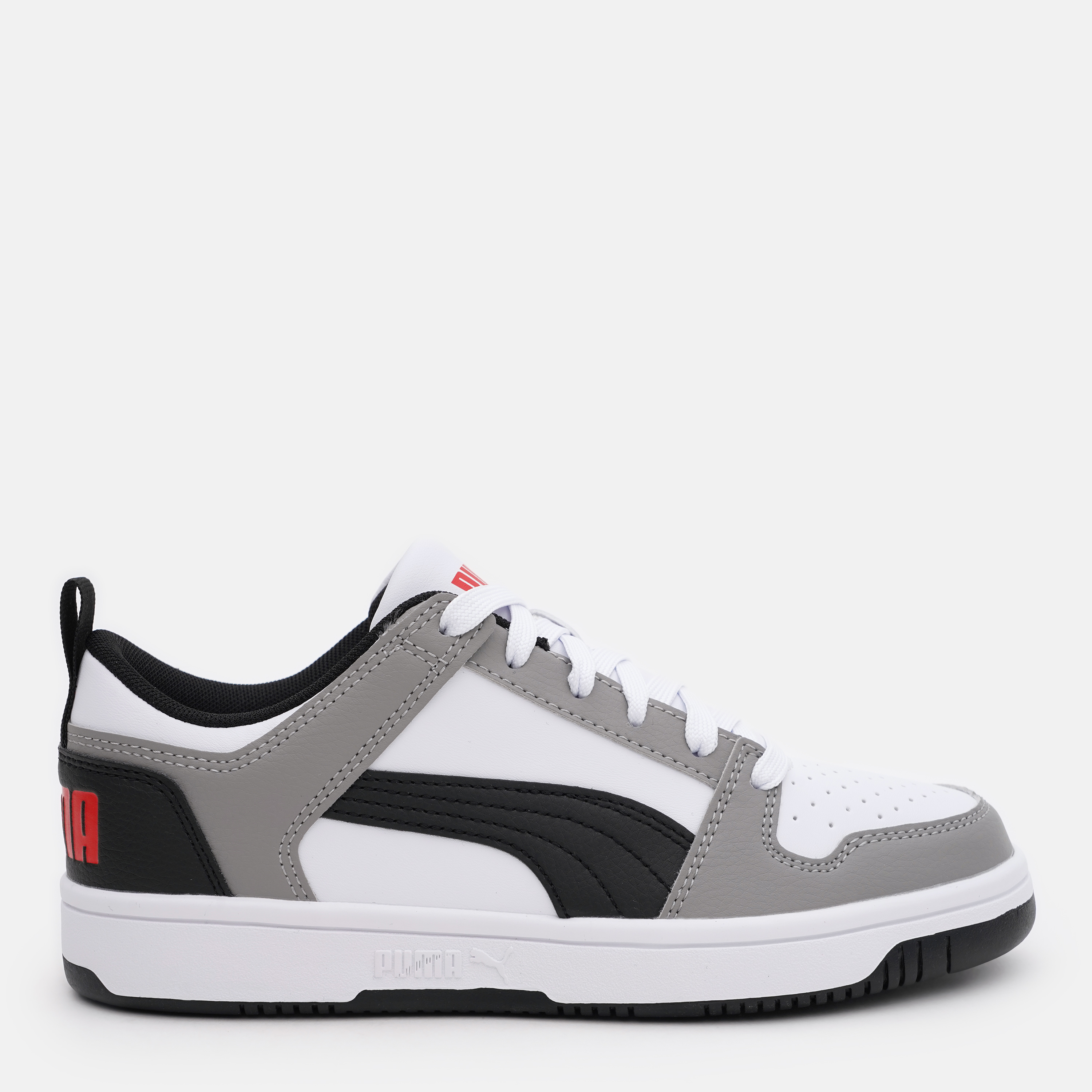 Акція на Підліткові кросівки для хлопчика Puma Rebound Layup Lo SL Jr 37049020 39 Puma White-Puma Black-Concrete Gray-For All Time Red від Rozetka