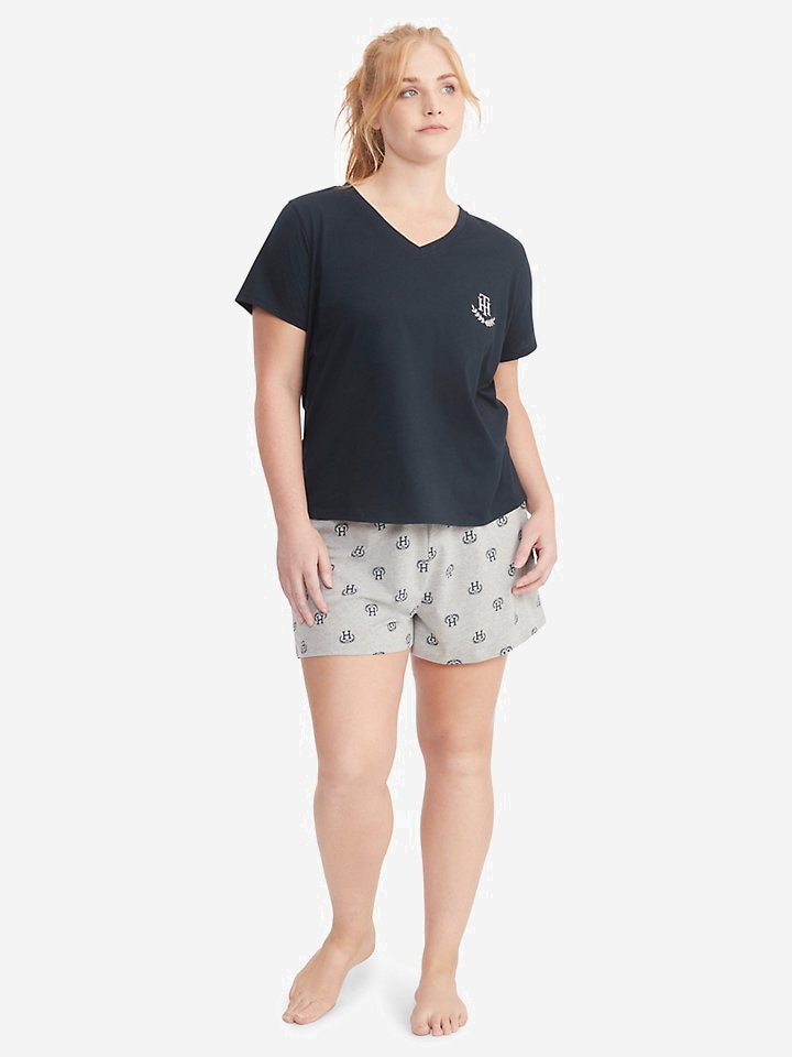 Акция на Піжама (футболка + шорти) жіноча великих розмірів Tommy Hilfiger 100857486 2X Синій/Сірий от Rozetka