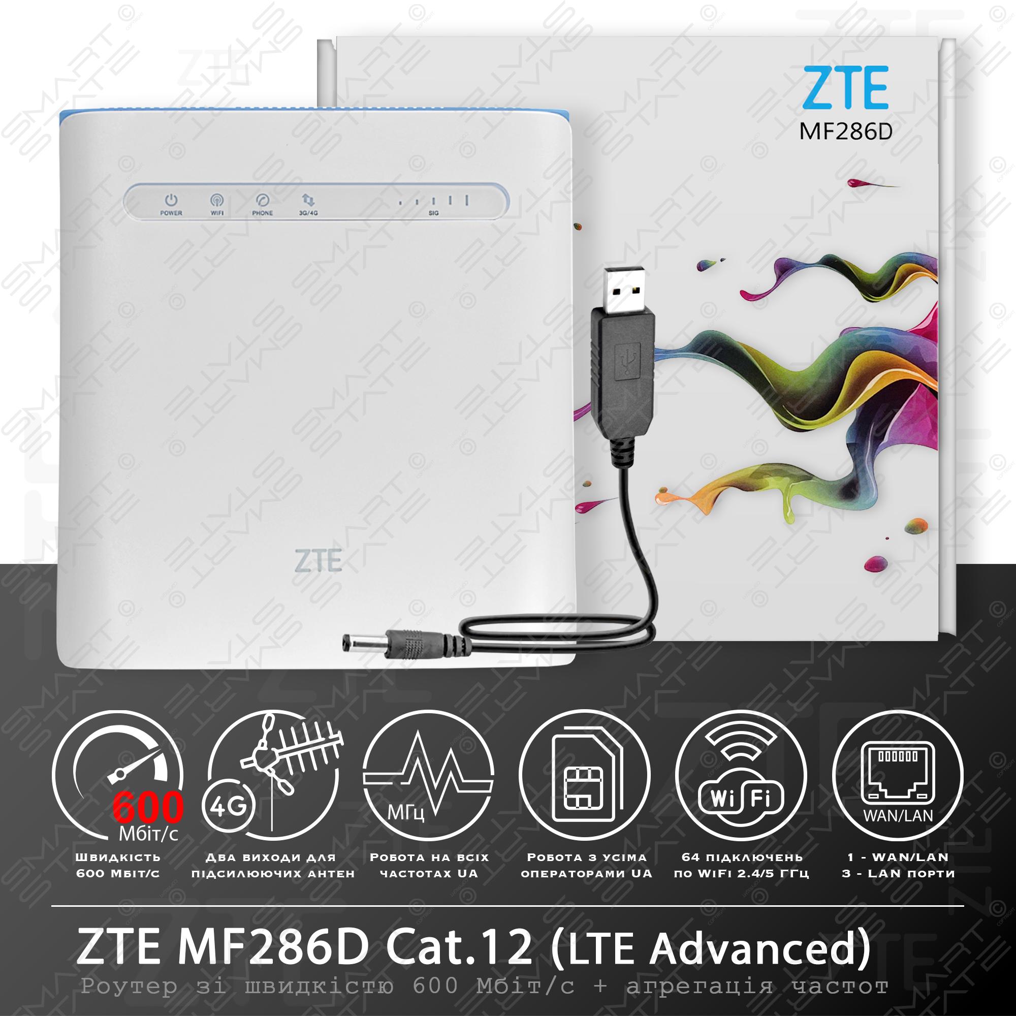 Универсальный маршрутизатор 4G модем/роутер USB WI-FI 3G/4G LTE ZTE MF286D  + адаптер питания от павербанка DC-USB 5-12V. Скорость до 600 Мбит/с  (Cat.12) + агрегация частот. Выходы для подключения внешних антенн. Для  операторов