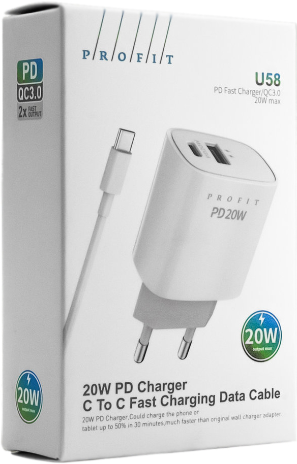 Сетевое зарядное устройство Profit U58 PD QC3.0 20W USB A+C+cable White ...