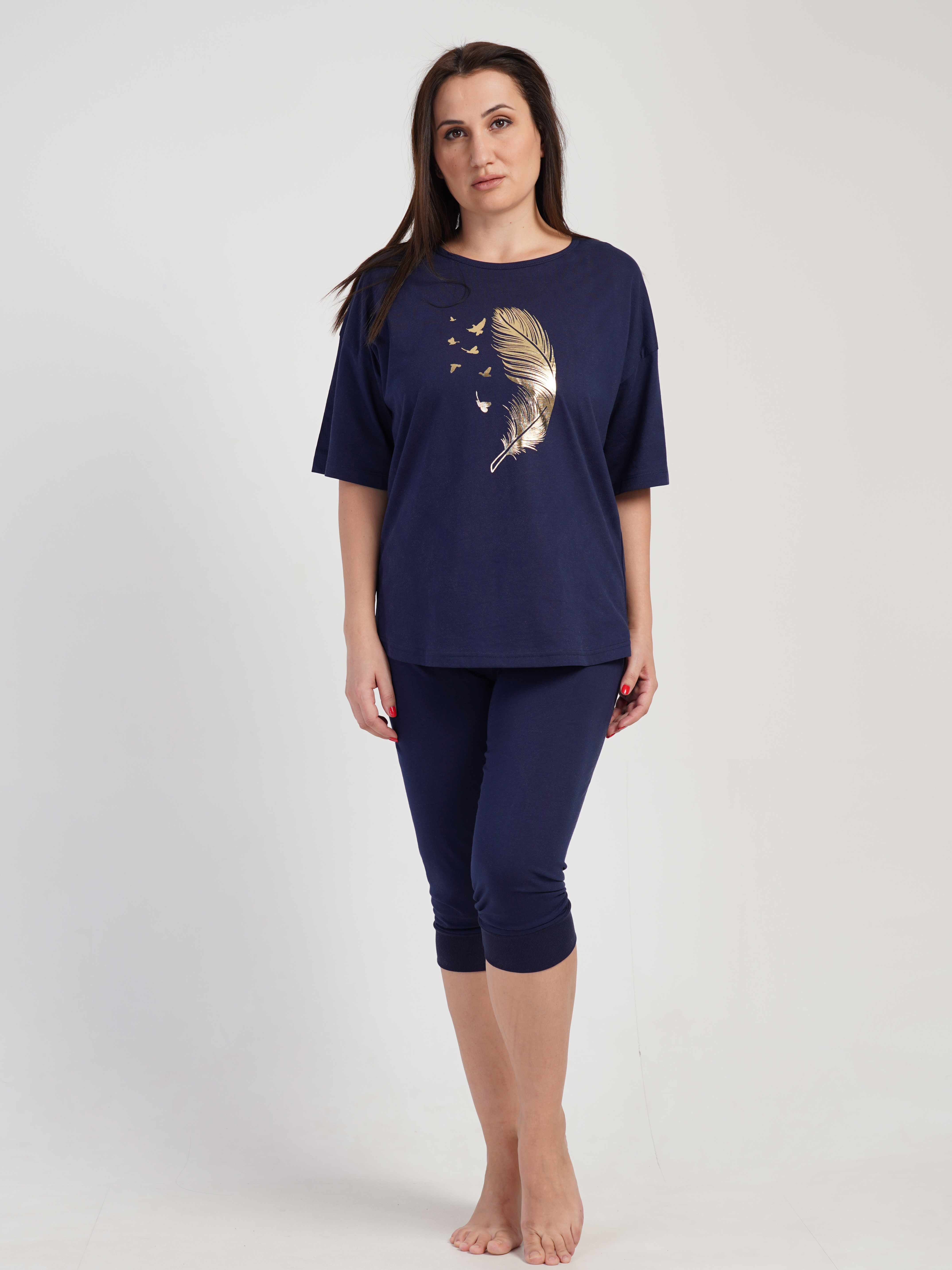 Акція на Піжама (футболка + бриджі) жіноча бавовняна великих розмірів Vienetta 311334*51 192001 4XL Темно-синя від Rozetka