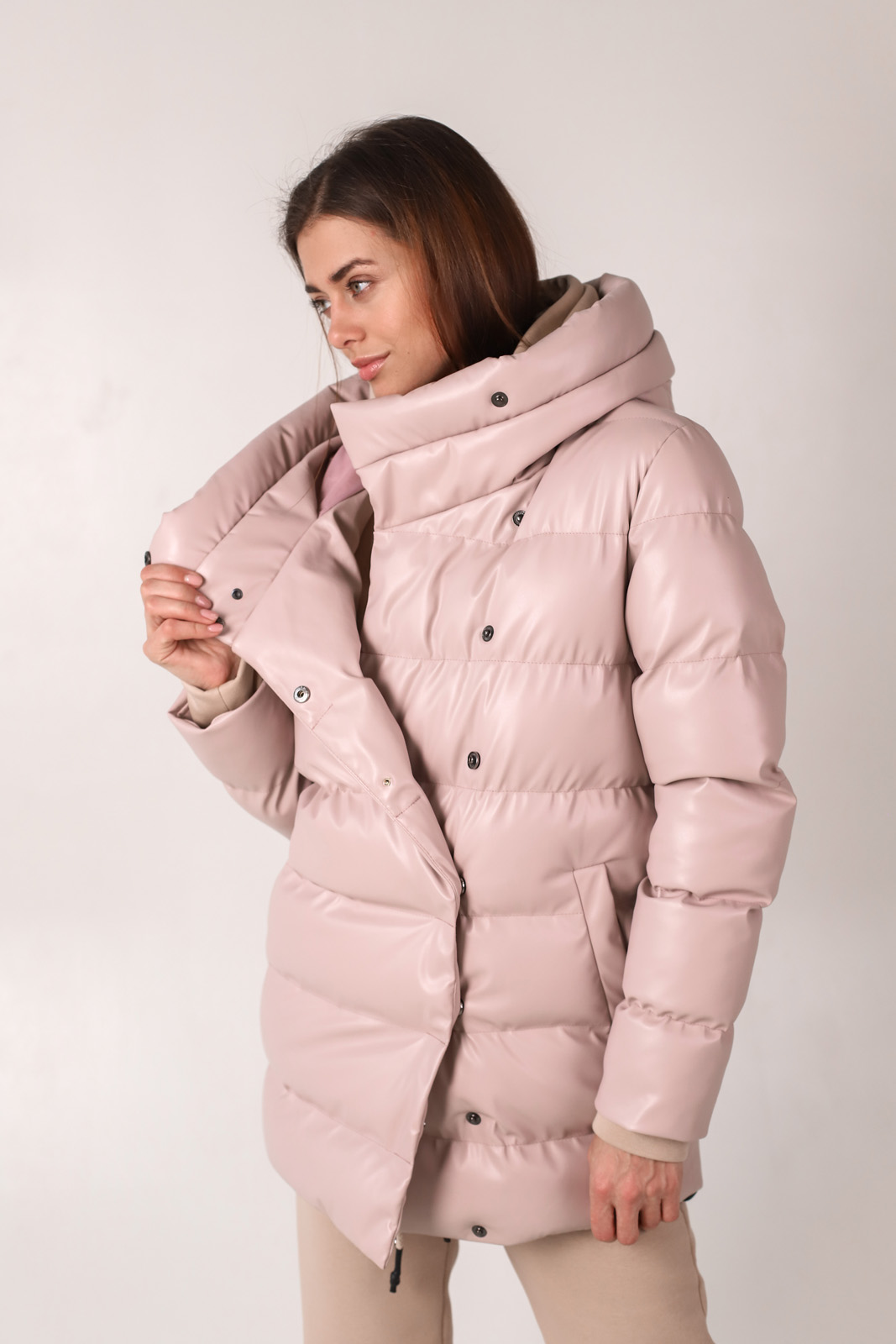 

Куртка Wear me модная зимняя женская длинный пуховик с эко кожи S Розовый 2w/03/44