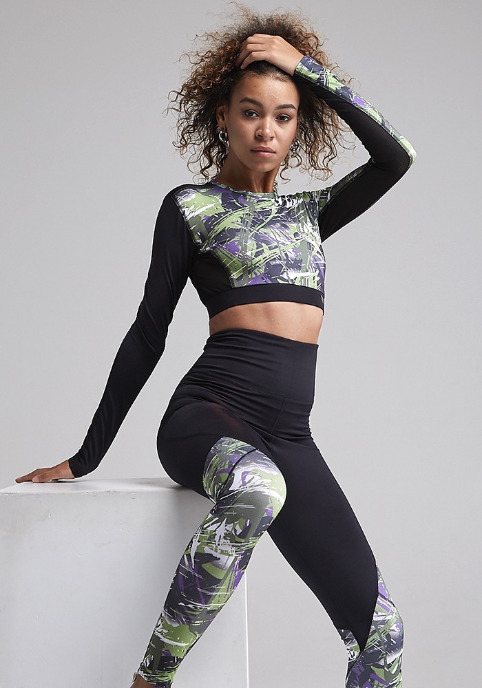 

Женский спортивный рашгард DressFit RUSH black/fit print khaki XS-S