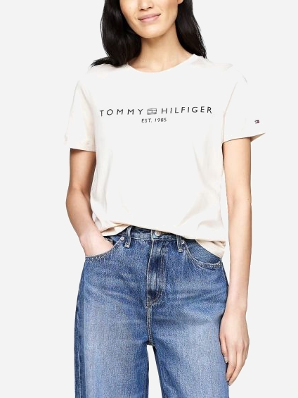 Акція на Футболка бавовняна жіноча Tommy Hilfiger WW0WW40276-ACI L Бежева від Rozetka