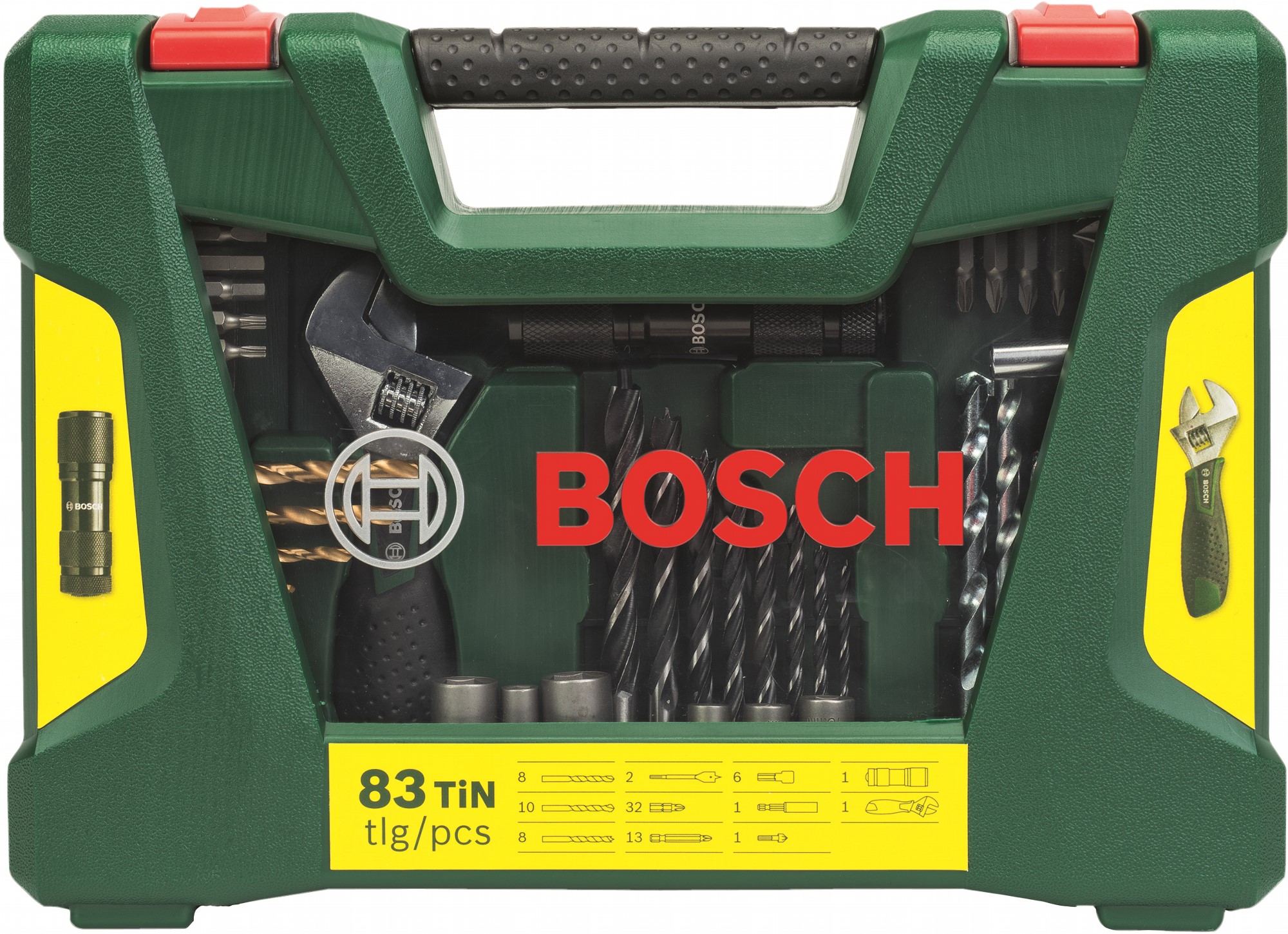 

Набір свердел TiN і біт Bosch V-Line 83 штуки зі світлодіодним ліхтарем і розсувним гайковим ключем