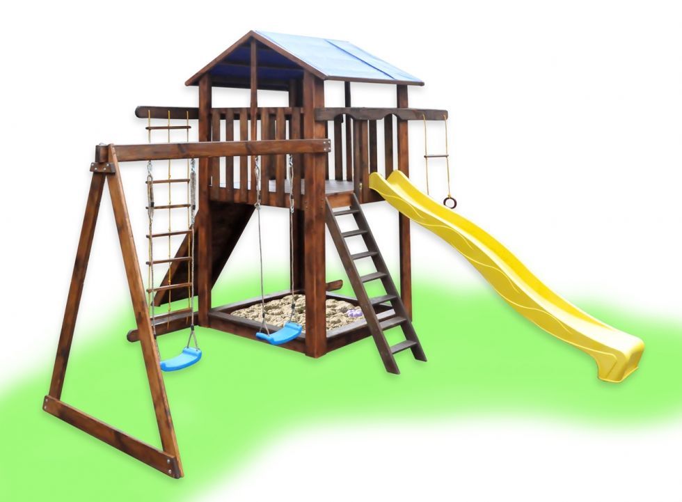 

Детский деревянный уличный Комплекс-площадка из сосны: домик, песочница, 2 качели, скалолазка 330х310см 61473
