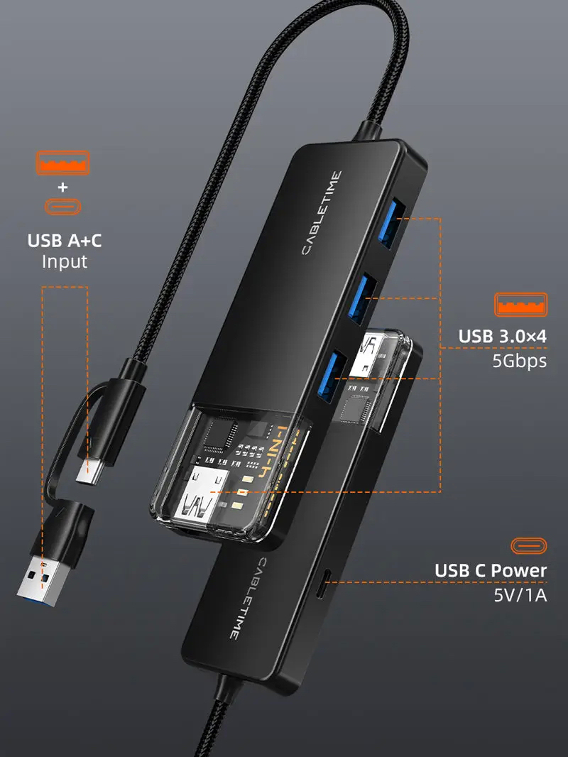 USB-хаб Cabletime USB-A/C - 4xUSB-A 3.0 5 Гбіт/с 15 см (CB05B) — фото 2