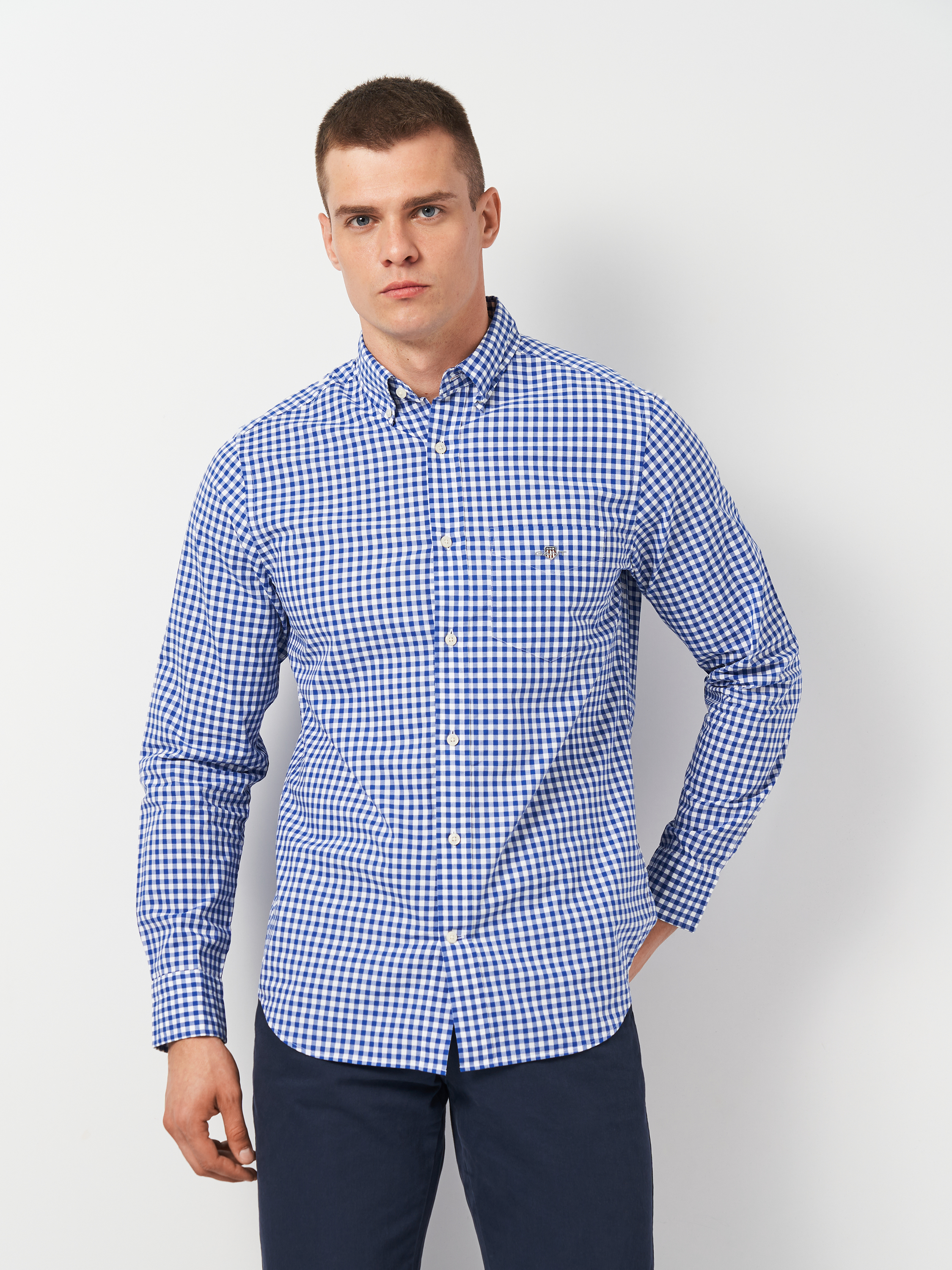 Акція на Сорочка бавовняна чоловіча GANT Reg Poplin Gingham Shirt 3000120-436 S Синя від Rozetka