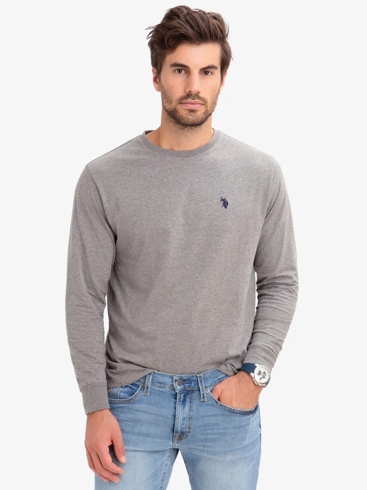 Акція на Лонгслів чоловічий U.S. Polo Assn 114008-0400A(CAMPUS HEATHER GRAY) M Сірий від Rozetka