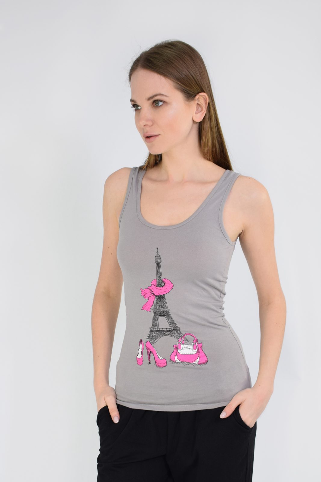 

Майка женская с печатью хлопок Kosta 839  серый 60049, Майка женская с печатью хлопок Kosta 839 S серый 60049