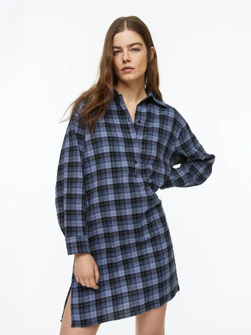 Акція на Сукня-сорочка жіноча H&M 060982173_checked XS Синя/Картата від Rozetka