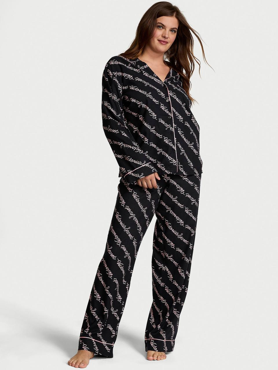 Акція на Піжама (штани + сорочка) жіноча бавовняна Victoria's Secret Flannel Pajama 26914657 XS Чорна від Rozetka