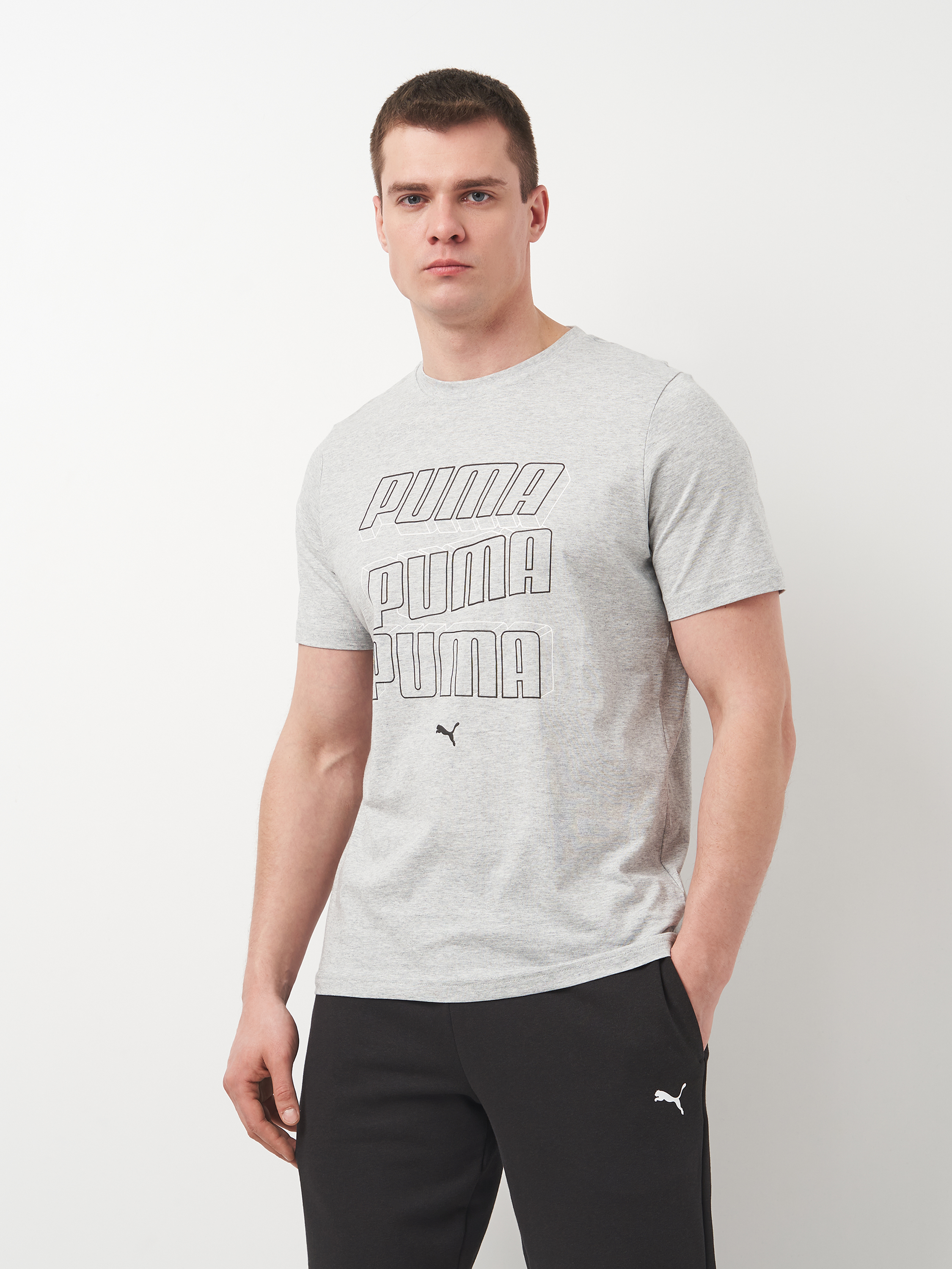 Акція на Футболка бавовняна довга чоловіча Puma Ess Logo Lab Hog Tee 68466404 XL Light Gray Heather з принтом від Rozetka