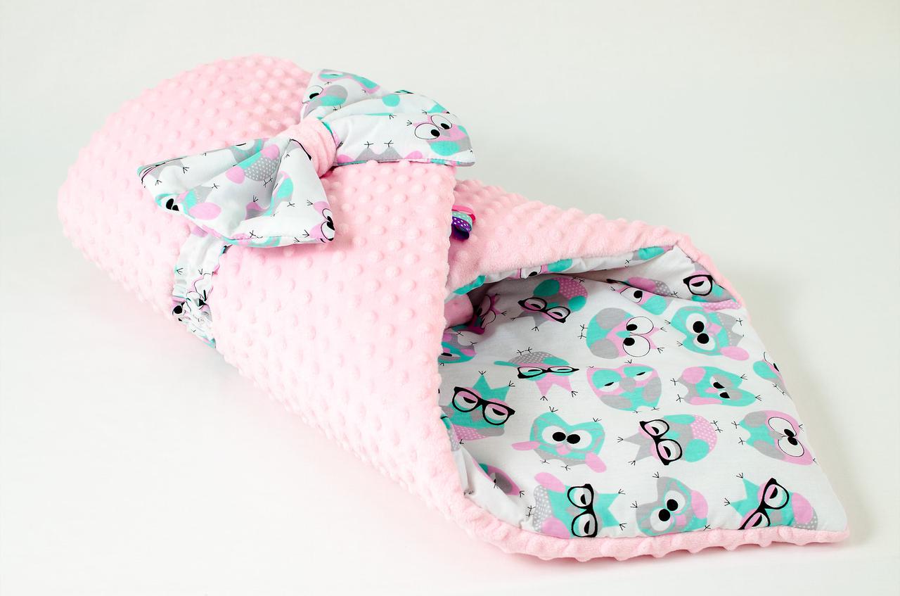 

Демисезонный плюшевый конверт - одеяло на выписку BabySoon Розоые совушки в очках 78 х 85 см (564)
