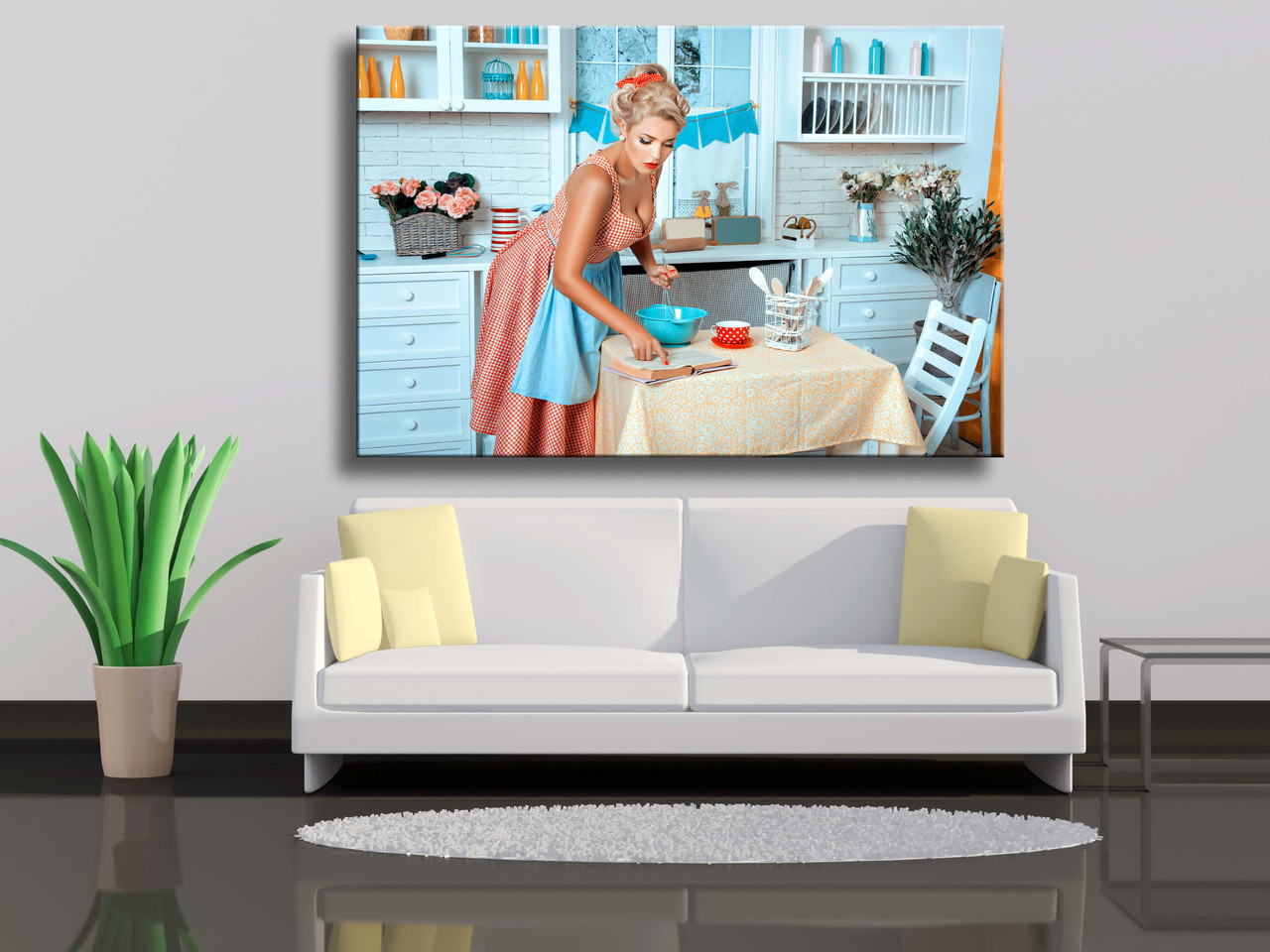

Картины на холсте Ретро девушка на кухне читает рецепт в книге 100х70