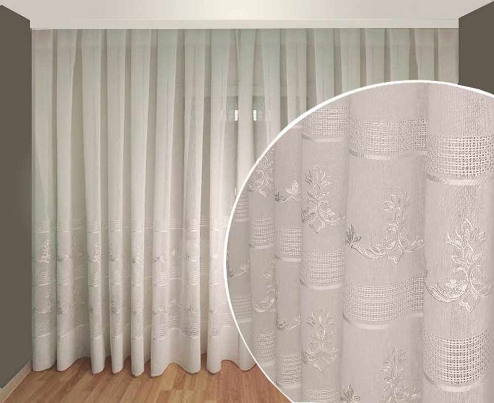 

Тюль Декор-Ин Лен Неаполь Белая с белой вышивкой на льне 500х275