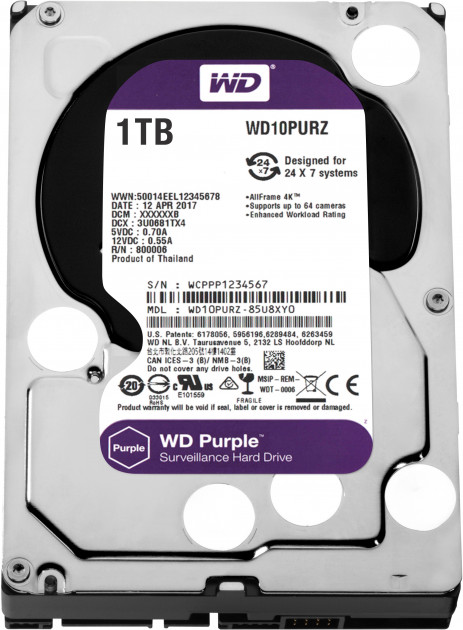 

Жесткий диск 3.5" 1Tb Western Digital Purple, SATA3, 64Mb, 5400 rpm (WD10PURZ)