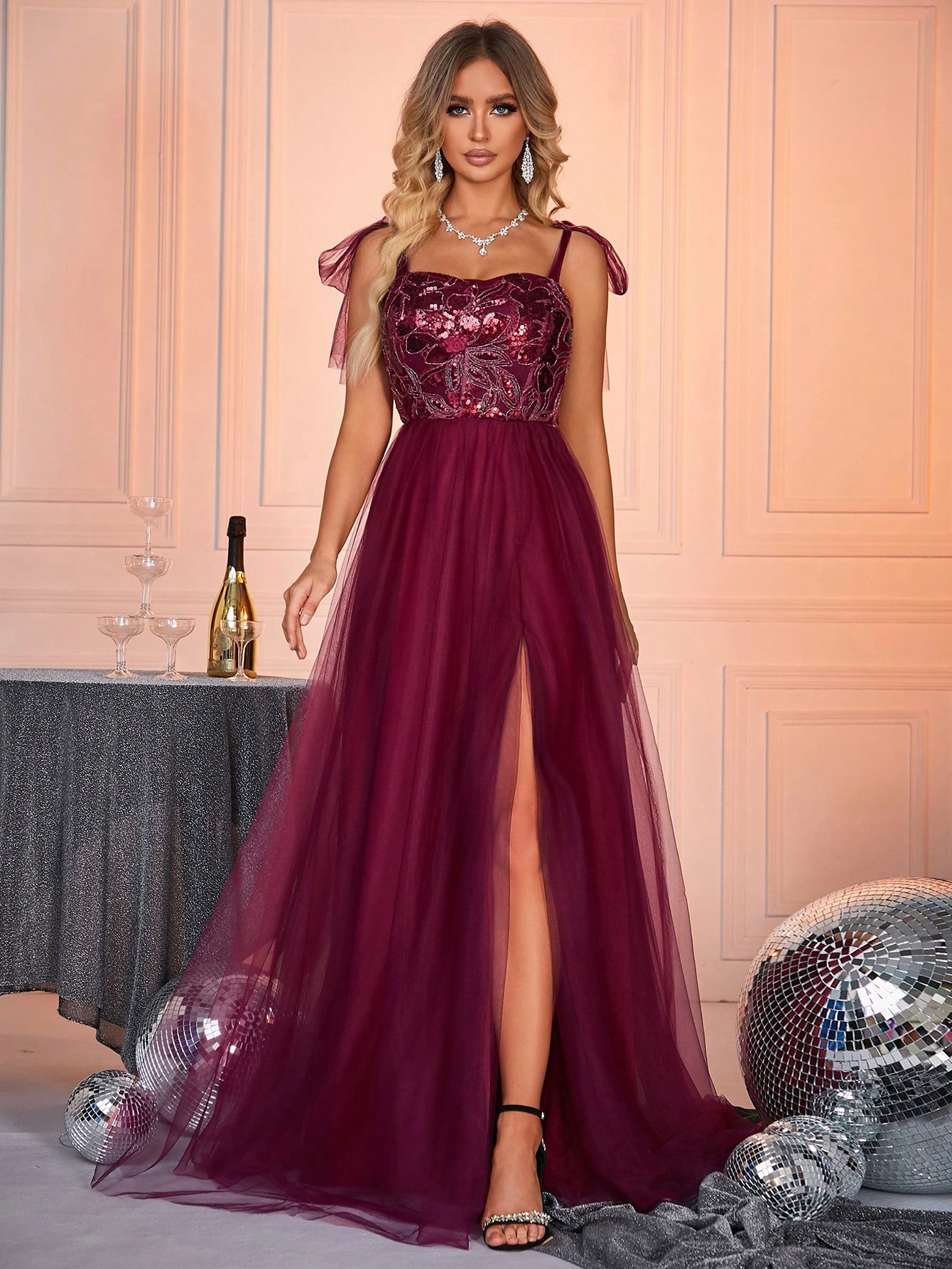 Акція на Сукня вечірня довга жіноча SHEIN GD-00158065 L Бордова від Rozetka