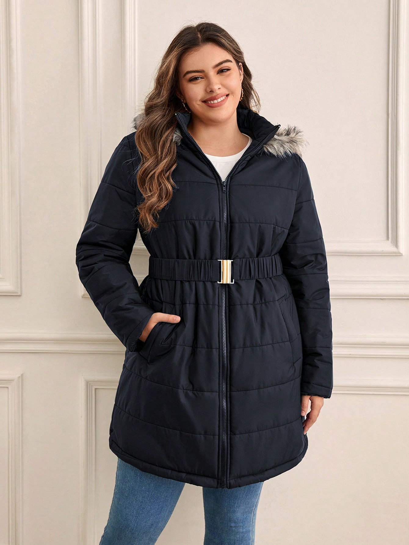 Акція на Куртка зимова жіноча SHEIN GD-00160974 4XL Темно-синя від Rozetka