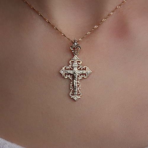 Женский золотой православный крестик с распятием Империал P2557-120 с бриллиантом