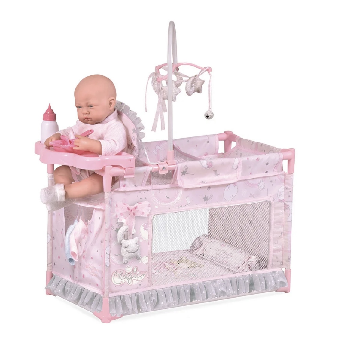 

Игрушечная кроватка для кукол Decuevas Toys с аксессуарами - посуда, стульчик для кормления, пеленальный столик, шкафчик
