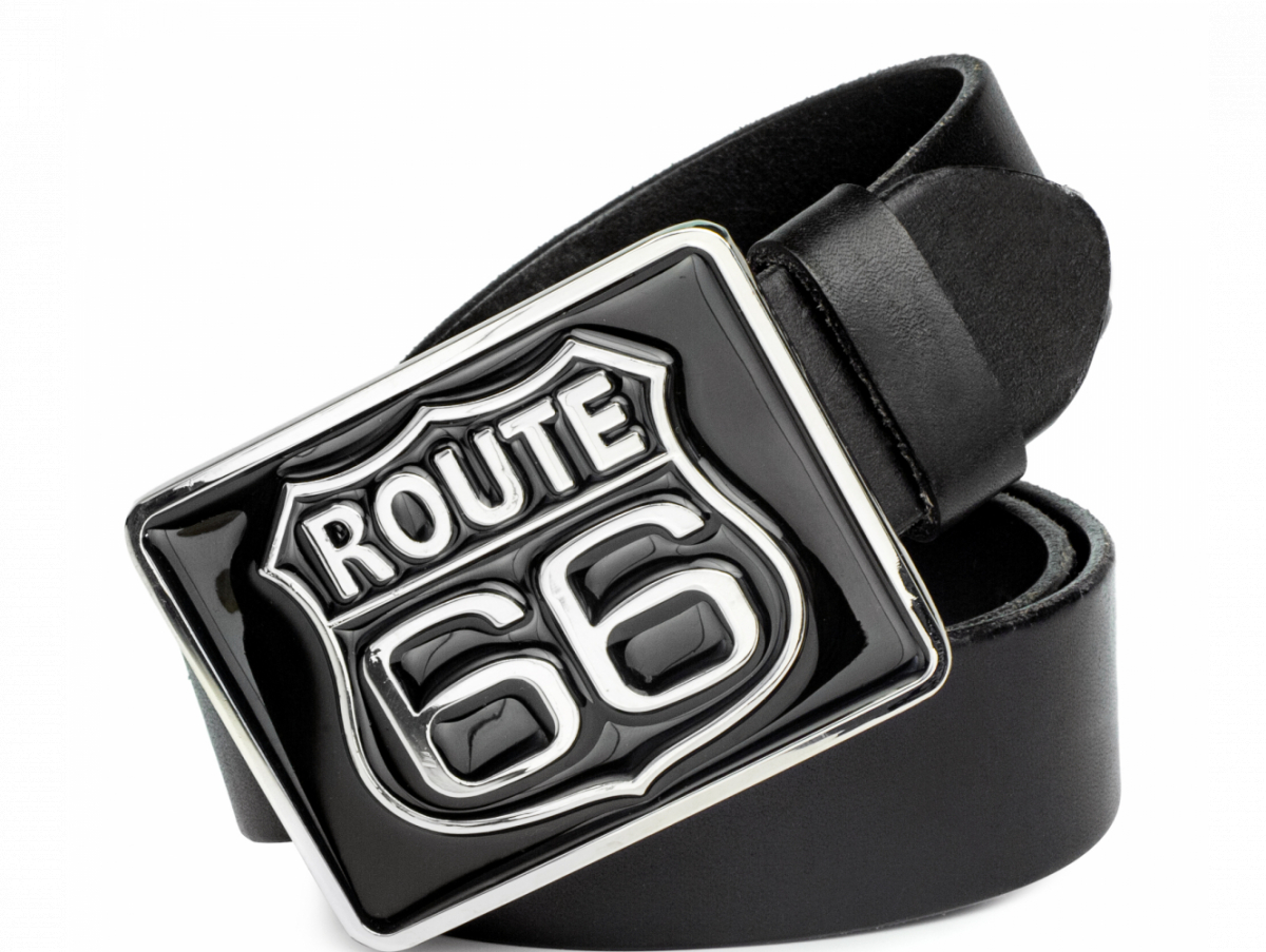

Кожаный ремень с чёрной пряжкой "Route 66"