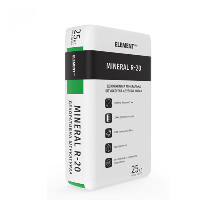 

Декоративна фасадна штукатурка ELEMENT PRO FACADE+SYSTEM EXTRA MINERAL R-20 Короед (25 кг)